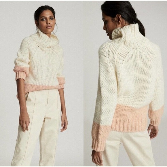 NWOT Reiss Hettie Chunky Knit Roll Neck Color Block Wool Blend Sweater M $275 - Picture 2 of 7